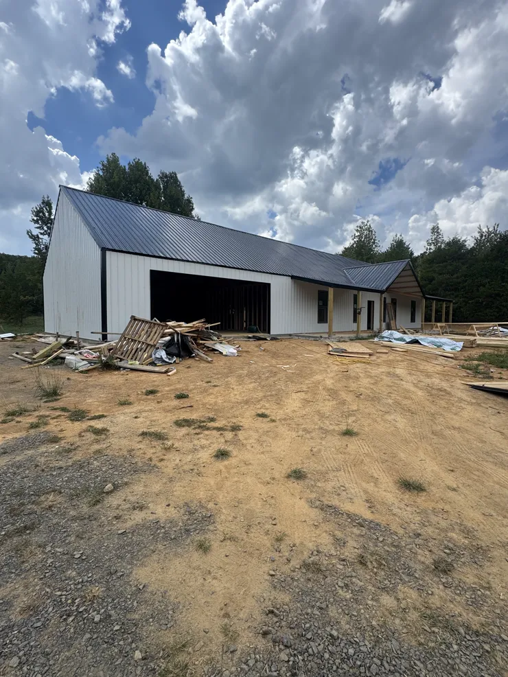 Post-frame home project exterior during construction